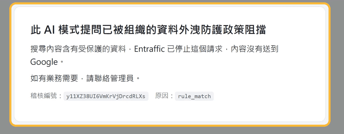 封鎖頁:此 AI 模式提問已被組織的資料外洩防護政策阻擋,內容沒有送到 Google,並附上稽核編號